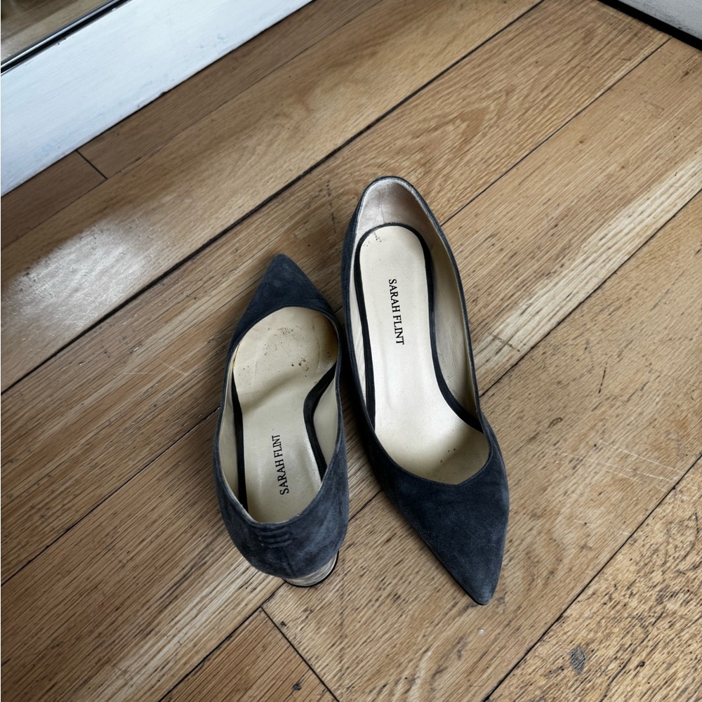 Sarah Flint Perfect Emma Charcoal Suede Pointed Block Heel Pumps - Picture 2 of 11